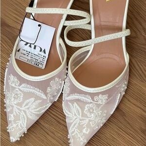 Zara White Embroidered mesh sparkly heels wedding